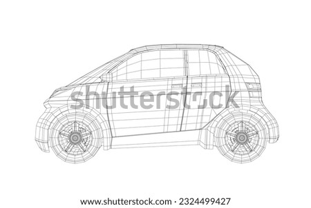Vector illustration of wireframe small car. City car blueprint. Blank compact car template for branding or advertising. Food delivery car. 3D.