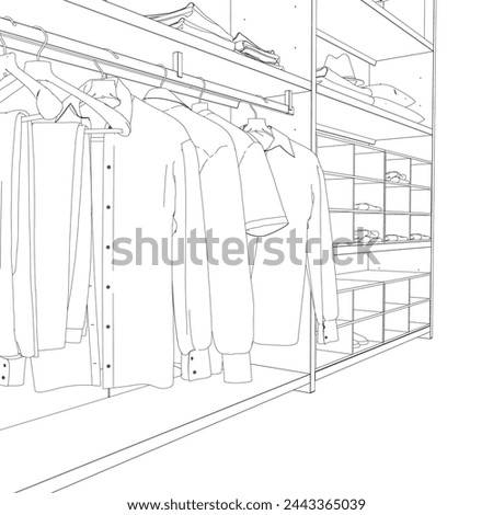 Outline of clothes on a hanger made of black lines isolated on a white background. Clothes hang in a row on a hanger. 3D. Vector illustration. Open wardrobe with clothes. Shelves boxes with things