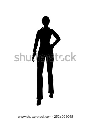 Silhouette of a girl in trousers, shirt and glasses. The girl stands with one leg forward and one hand on her hip. Vector illustration.