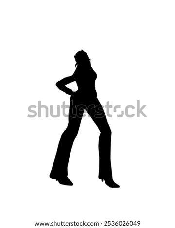 Silhouette of a girl in trousers, shirt and glasses. The girl stands with one leg forward and one hand on her hip. Vector illustration.