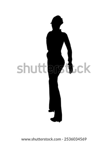 Silhouette of a girl in trousers, shirt and glasses. The girl stands with one leg forward and one hand on her hip. Vector illustration.