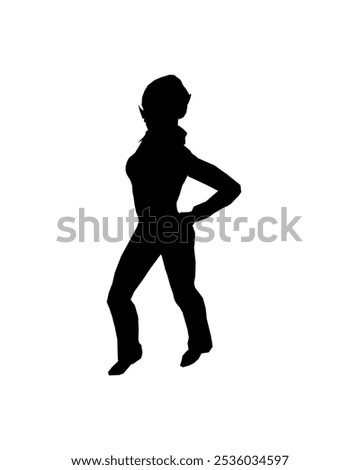 Silhouette of a girl in trousers, shirt and glasses. The girl stands with one leg forward and one hand on her hip. Vector illustration.