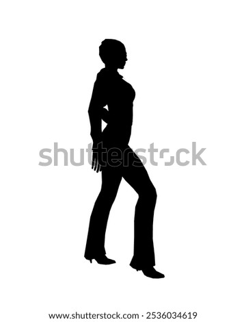 Silhouette of a girl in trousers, shirt and glasses. The girl stands with one leg forward and one hand on her hip. Vector illustration.