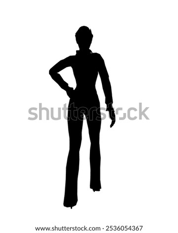 Silhouette of a girl in trousers, shirt and glasses. The girl stands with one leg forward and one hand on her hip. Vector illustration.