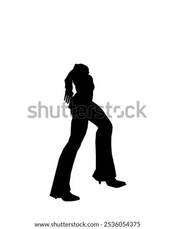 Silhouette of a girl in trousers, shirt and glasses. The girl stands with one leg forward and one hand on her hip. Vector illustration.