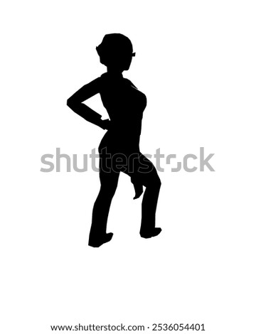 Silhouette of a girl in trousers, shirt and glasses. The girl stands with one leg forward and one hand on her hip. Vector illustration.