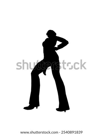 Silhouette of a girl in trousers, shirt and glasses. The girl stands with one leg forward and one hand on her hip. Vector illustration.