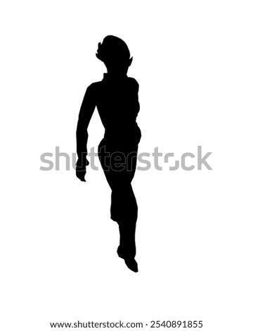 Silhouette of a girl in trousers, shirt and glasses. The girl stands with one leg forward and one hand on her hip. Vector illustration.