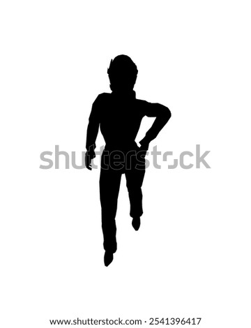 Silhouette of a girl in trousers, shirt and glasses. The girl stands with one leg forward and one hand on her hip. Vector illustration.