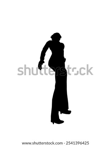 Silhouette of a girl in trousers, shirt and glasses. The girl stands with one leg forward and one hand on her hip. Vector illustration.