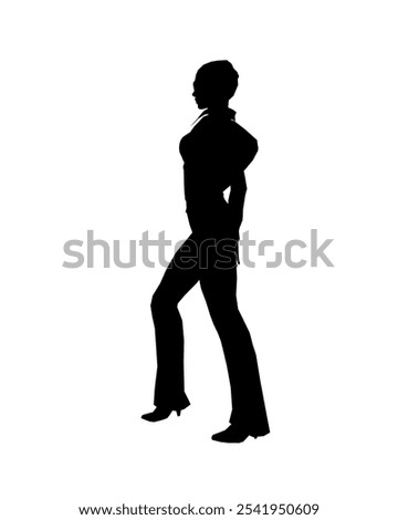 Silhouette of a girl in trousers, shirt and glasses. The girl stands with one leg forward and one hand on her hip. Vector illustration.