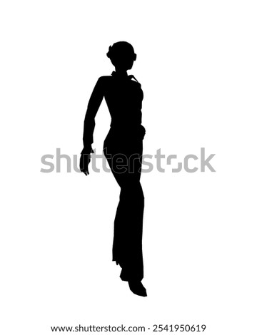 Silhouette of a girl in trousers, shirt and glasses. The girl stands with one leg forward and one hand on her hip. Vector illustration.