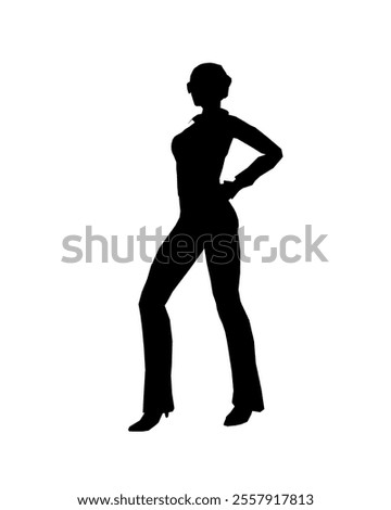 Silhouette of a girl in trousers, shirt and glasses. The girl stands with one leg forward and one hand on her hip. Vector illustration.