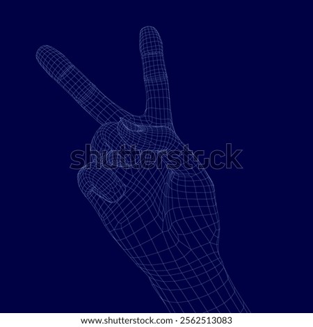 Hand with a peace sign on it is shown in a blue background. The hand is made up of many small dots, giving it a 3D appearance. The peace sign is a symbol of unity and harmony