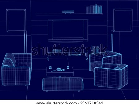 Blue drawing of a living room with a couch and two chairs. The couch is on the left side of the room and the chairs are on the right. There is a television in the background