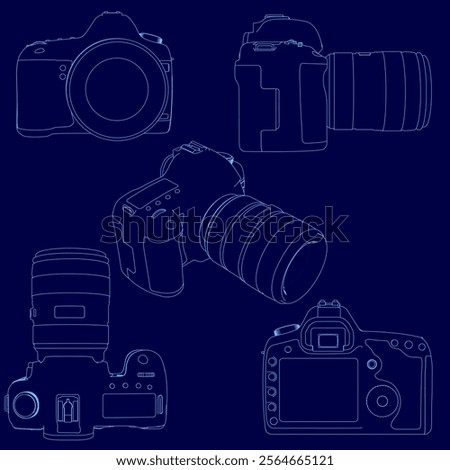 Series of blue line drawings of a camera, with the top left drawing showing the lens and the bottom right drawing showing the shutter