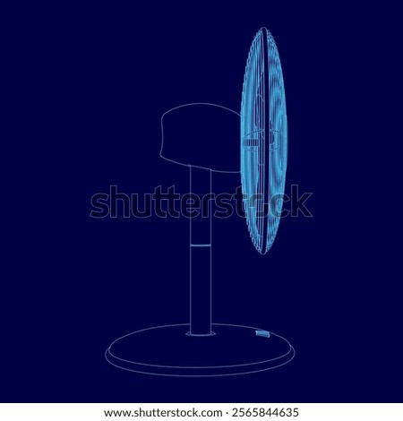 Blue fan is shown in a blue background. The fan is turned off and is not in use