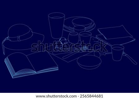 Blue background with various items such as a hat, a book, a cup, a spoon, a fork, and a bowl. The hat is placed on the left side of the image, while the book is positioned towards the center