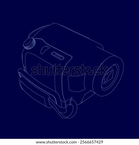 Blue drawing of a camera with a blue outline. The camera is a small, compact device with a screen. The camera is designed to be easy to use and portable