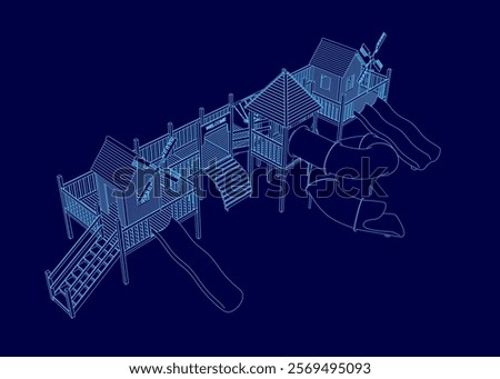 Blue drawing of a playground with a slide and a ramp. The slide is on the left side of the image and the ramp is on the right side