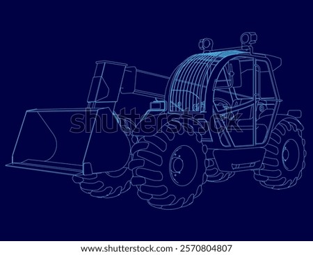 Blue drawing of a tractor with a large bucket on the front. The tractor is shown in a stylized way, with the bucket and other parts of the machine emphasized. Scene is somewhat whimsical and playful