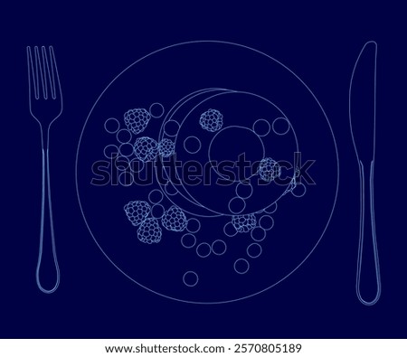 Blue plate with a fork and knife on it. The fork is on the left side of the plate and the knife is on the right side. The plate has a dessert on it, which is surrounded by berries