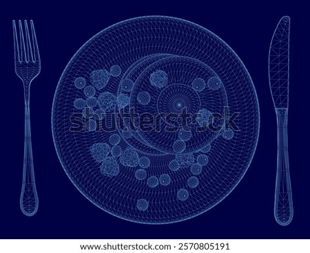 Blue plate with a fork and knife on it. The fork is on the left side of the plate and the knife is on the right side. The plate has a blue background