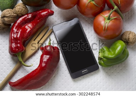 Smart phone mock-up food, cooking for my display, white background and vegetables