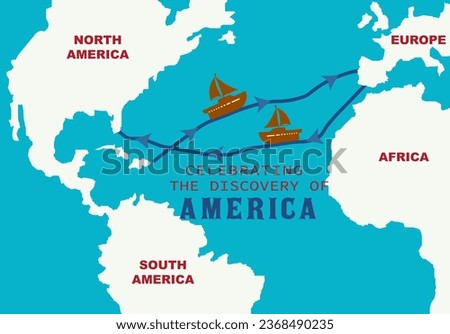 Columbus Routes Map from Europe to America. World Map With Columbus Route Sailing ship. Columbus Day Infographic Discovery of America. Spain to America sailboat voyages of Christopher Columbus. Flag.