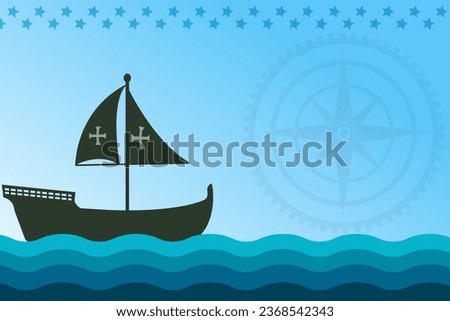 Columbus Day Copy Space Background with Sailing ship sailboat. Christopher Columbus National USA Holiday banner with American Flag, sea waves, Steer Wheel and compass. Discovery of America Spain theme