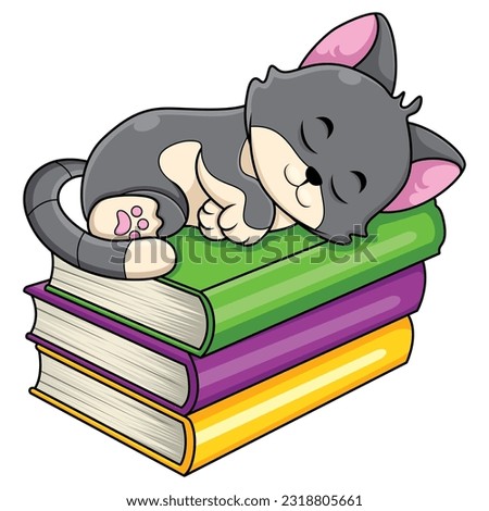 Cute cat cartoon sleeping on pile of books