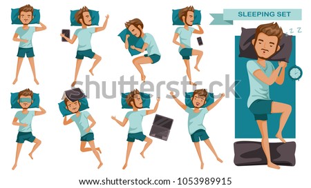 Sleeping man set. Many views of sleep. Front, side, rear, top. lie on the tummy, Sleep on one's side, lie supine, Various gestures. cartoon of male guy in pajamas. Vector illustrations isolated 