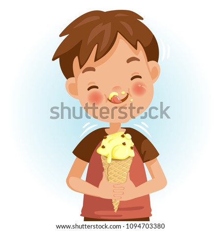 Boy eating ice cream. Emotional mood on the child's face feels good. Delicious and very happy. Licking the ice cream on the cheeks. Cute Cartoon In red shirt. Vector illustrations isolated on white. 