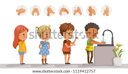 Children are washing. perspective of children standing at the wash basin. at school girls and boys waiting to wash. diagram showing how to clean the right hand. steps to wash hands in a circle.