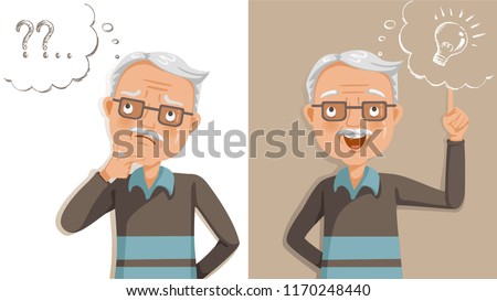 elderly thinking. Emotions and gestures. Think not, do not understand, Think out. Concept learning of brain and alzheimer's disease of elderly. Cartoon illustrations vector. The contradictory emotions