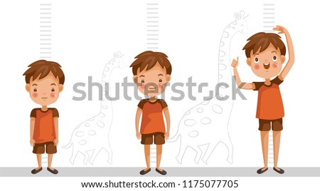 Height of child grow up. Little boy measuring his height on white color background. One boy in three levels. Short, medium, high,Height. difference child growth concepts.