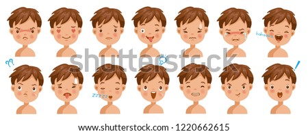 Boy facial emotions set. Child face with different expressions.  Variety of emotions children. Male heads show a variety of moods and differences. Schoolboy portrait avatars. Isolated vector.