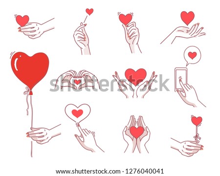 
Heart hands female set. Women hand holding heart symbol Meaning of showing love. Various,different gestures with view left,right,top,bottom,palm,back,fingers. icon vector design of hand drawn style.