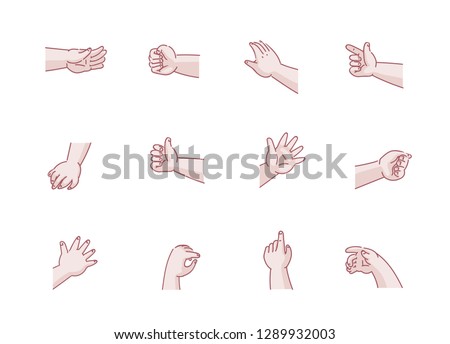 Set of hands baby in different gestures emotions palm,hand back, side view. vector illustration isolated on a white background. Simple hand-drawn style.