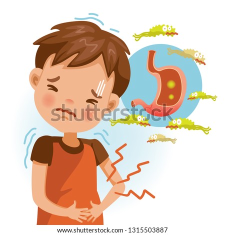 Boy suffering from stomach painful or Acid Reflux or Heartburn, Gas, Bloating, Belching and flatulence. Caused by gastrointestinal viral infections. gastrointestinal system disease.  Foto stock © 