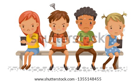 Girls and boys holding phone. Spend too much time with mobile phones. Stress, depressed, aggressive. Effects on concentration, emotions for children. Social Bully problems. Cartoon vector illustration