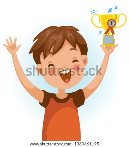 Boy win. Positive emotions, Holding a great prize very happy. Cartoon character vector illustration isolated on white background.