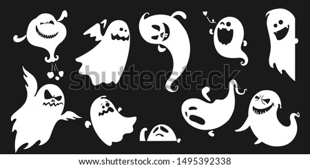 
Monochrome ghost apparition spook horror set. Ghost shadow funny.  ghost sheet for halloween character design. Isolated vector illustration.