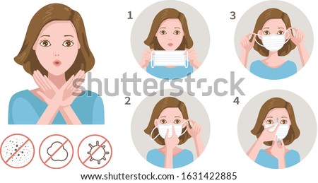 woman gag with worry gesture. Healthy of female wear protective mask against infectious diseases and flu. Stop the infection. Health care concept. Vector illustration isolated on white.