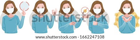 Women wearing protective medical mask for prevent virus.Many gestures. Hold, point, okay, forbid, and thumbs up. Wearing a surgical. Vector Cartoon Illustration.