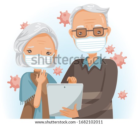 Elderly mask reading on tablet or use the tablet. Elderly couple search for the corona Covid-19 virus. Health care concept. Cartoon vector illustration.
