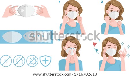 Woman wear protective mask against infectious diseases.  How to wear a mask n95. Step by step method. Healthy of female wear protective mask against infectious diseases and flu. Stop the infection. 