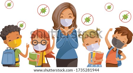 Back to school for new normal concept. Preventing disease, Covid-19. Children wearing sanitary masks. Gesture of teachers, students and friends at the school. Vector illustration isolated. 