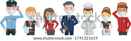 Hotel worker service group Of hotel. Hotel staff mask Waitress, manager, Housekeeping, Hotel luggage, Receptionist, Chef, Security guard,Character set team work . New Normal concept. Vector 