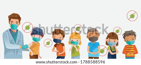 Covid-19 Vaccine. Child mask at the hospital. Doctor holds an injection vaccination boy. Group of children wearing medical masks to prevent disease, flu, contaminated air, air pollution, Health care. 